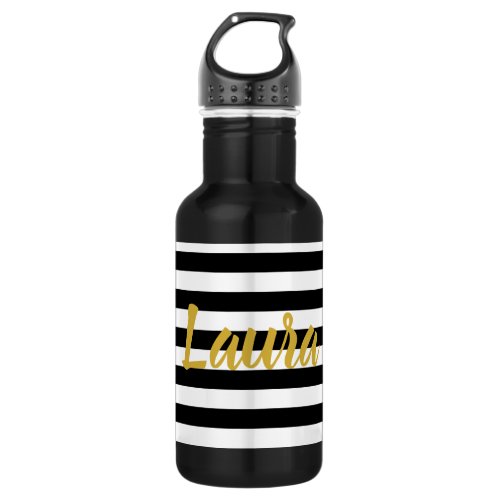 Elegant Black and White Stripes Gold Name Script Stainless Steel Water Bottle