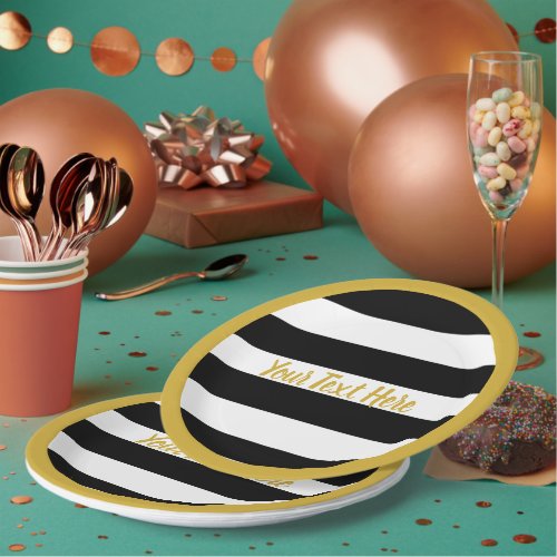 Elegant  Black and White Stripes Gold Script Text Paper Plates