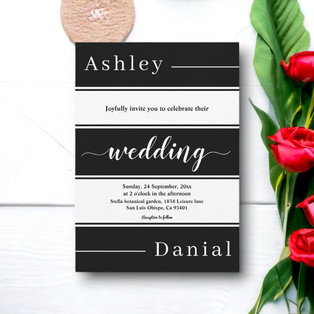Elegant Black And White Stripes Modern Wedding Invitation (Creator Uploaded)