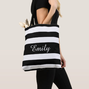 Elegant Black And White Stripes Name Tote Bag