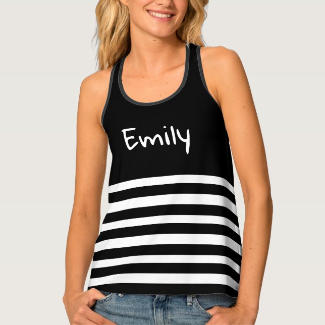 Elegant Black and White Stripes Pattern Add Name Tank Top (Front)