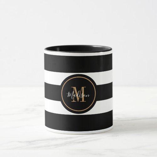 Elegant Black And White Stripes Script Monogram Mug