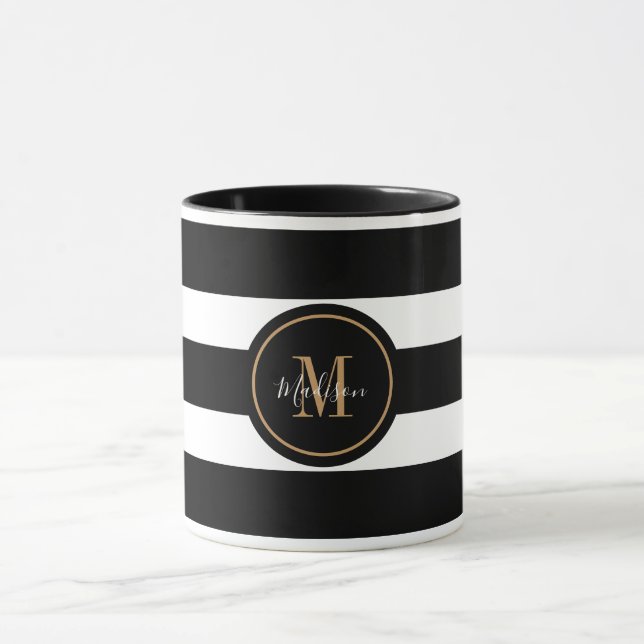 Elegant Black And White Stripes Script Monogram Mug (Center)
