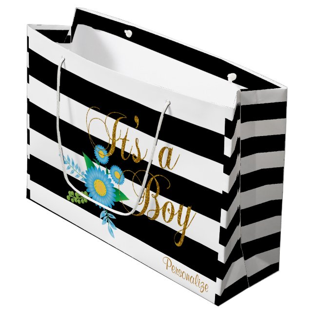 Elegant Black and White Stripes With Blue Floral Large Gift Bag (Front Angled)