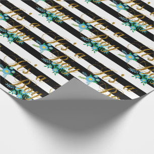 Elegant Black and White Stripes With Blue Floral Wrapping Paper