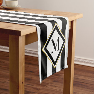 Elegant Black and White Stripes with Monogram Short Table Runner
