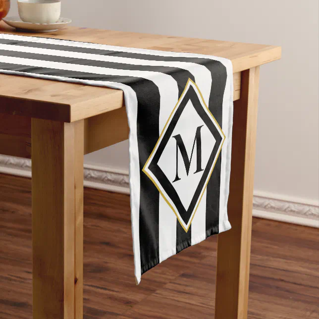 Elegant Black and White Stripes with Monogram Short Table Runner | Zazzle