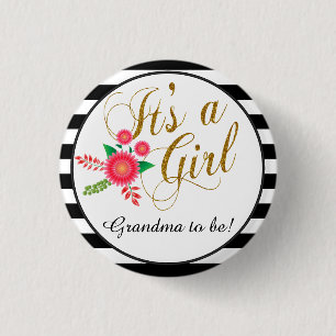 Elegant Black and White Stripes With Pink Floral Button