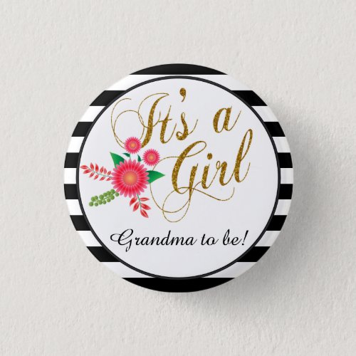 Elegant Black and White Stripes With Pink Floral Button