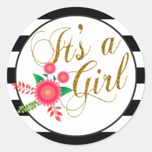 Elegant Black and White Stripes With Pink Floral Classic Round Sticker