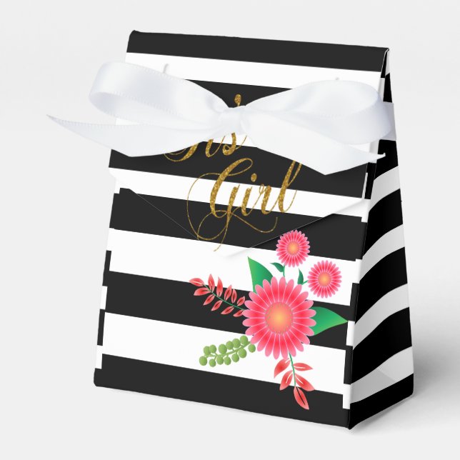 Elegant Black and White Stripes With Pink Floral Favor Boxes (Front Side)
