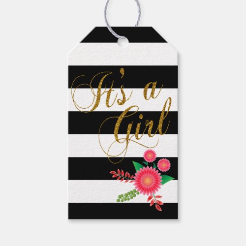 Elegant Black and White Stripes With Pink Floral Gift Tags