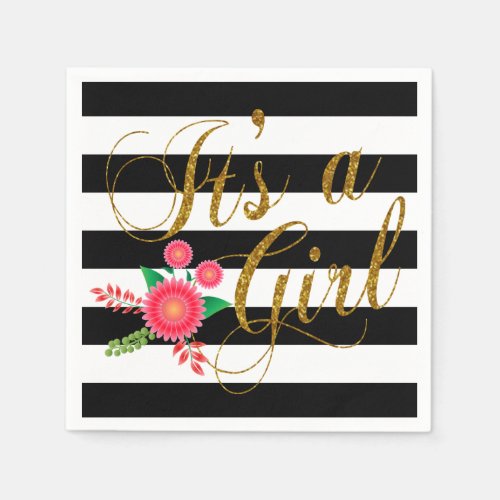 Elegant Black and White Stripes With Pink Floral Paper Napkins