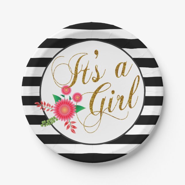 Elegant Black and White Stripes With Pink Floral Paper Plates (Front)