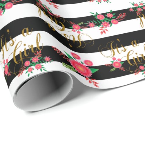 Elegant Black and White Stripes With Pink Floral Wrapping Paper