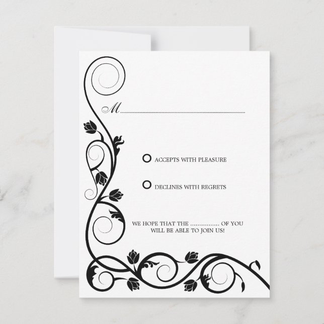Elegant Black and White Swirls RSVP / Reply Invitation (Back)