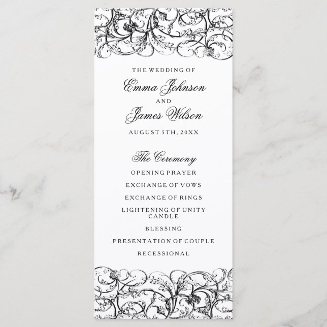 Elegant black and white swirls wedding program (Front)