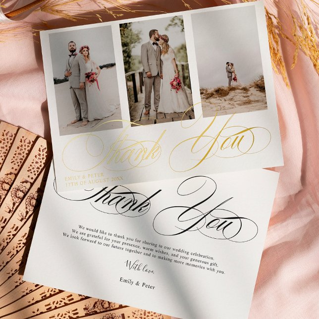 Elegant black and white thank you 3 photo wedding  foil invitation (Elegant white thank you 3 photo wedding foil invitation)