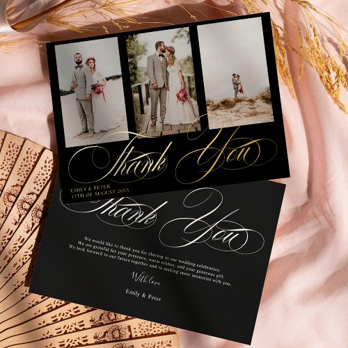 Elegant black and white thank you 3 photo wedding foil invitation
