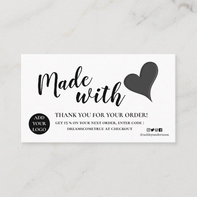 Elegant Black and white thank you made with love  Business Card (Front)