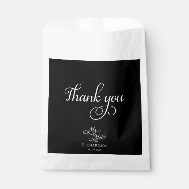 Elegant Black and White Thank You Wedding Favor Bag (Front)