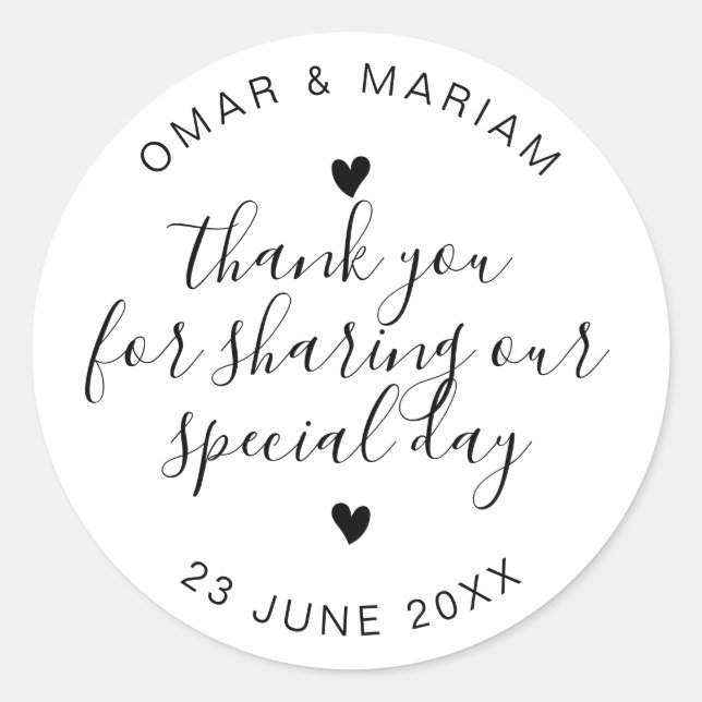 Elegant Black and White Thank You Wedding Favor Classic Round Sticker (Front)
