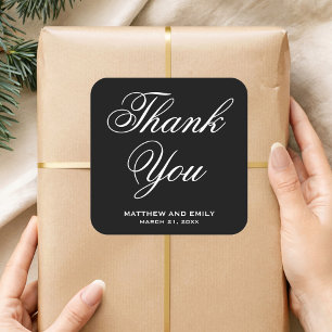 Elegant Black and White Thank You Wedding Favor Square Sticker