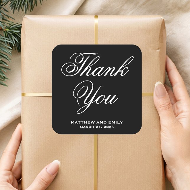 Elegant Black and White Thank You Wedding Favor Square Sticker (Creator Uploaded)