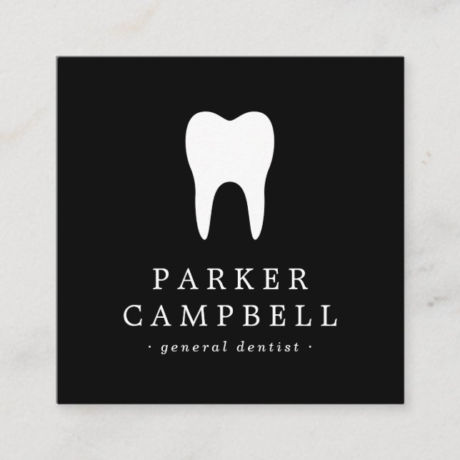 Elegant black and white tooth dentist dental square business card (Front)