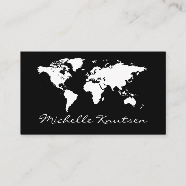 elegant black and white Travel Agent World Map  Business Card (Front)