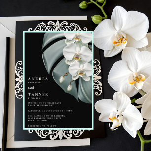 Elegant Black and White Tropical Orchids Wedding Invitation