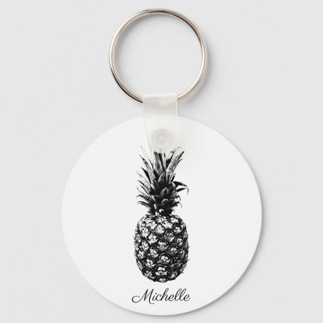 Elegant black and white Tropical  Pineapple Custom Keychain (Front)