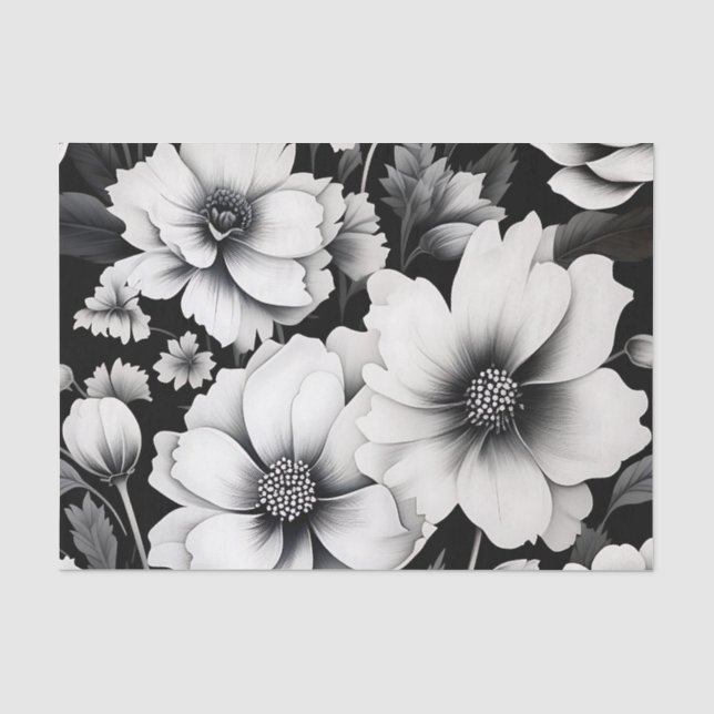 Elegant Black and White Watercolor Floral  Tissue Paper (Front)