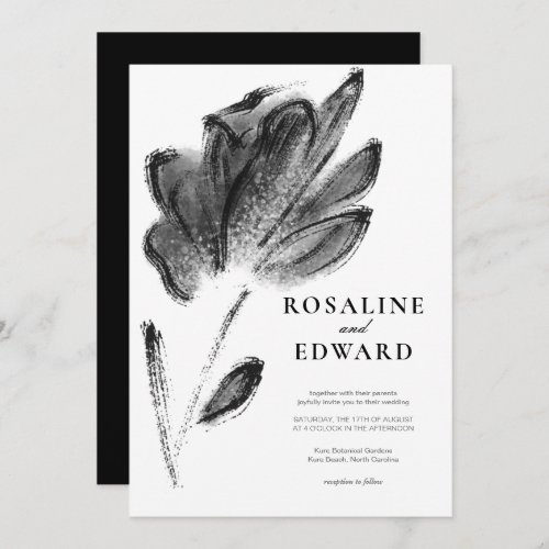 Elegant Black and White Watercolor Floral Wedding Invitation