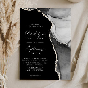 Elegant Black and White Watercolor Marble Wedding Invitation