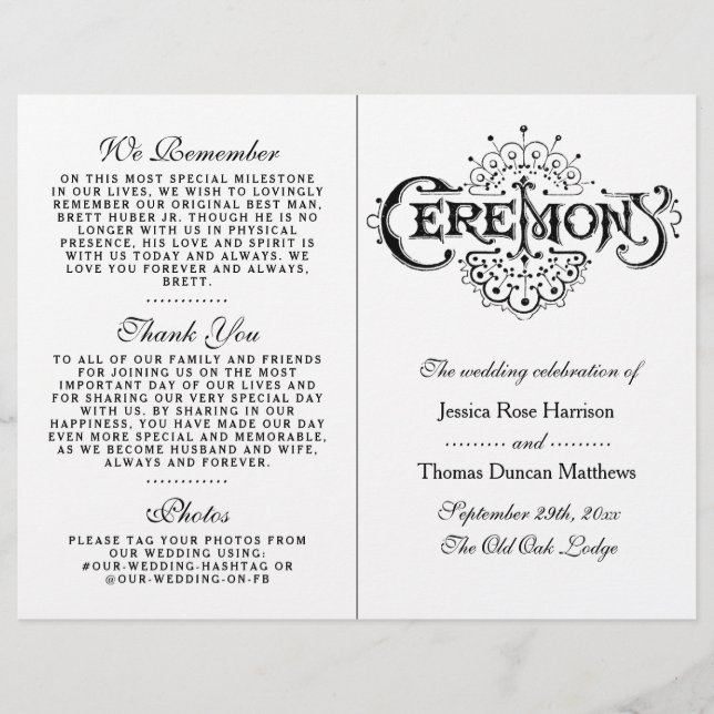 Elegant Black And White Wedding Ceremony Programs (Front)