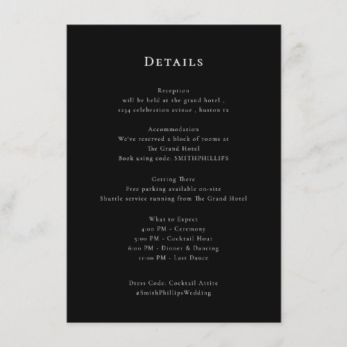 Elegant Black and White Wedding Details Card