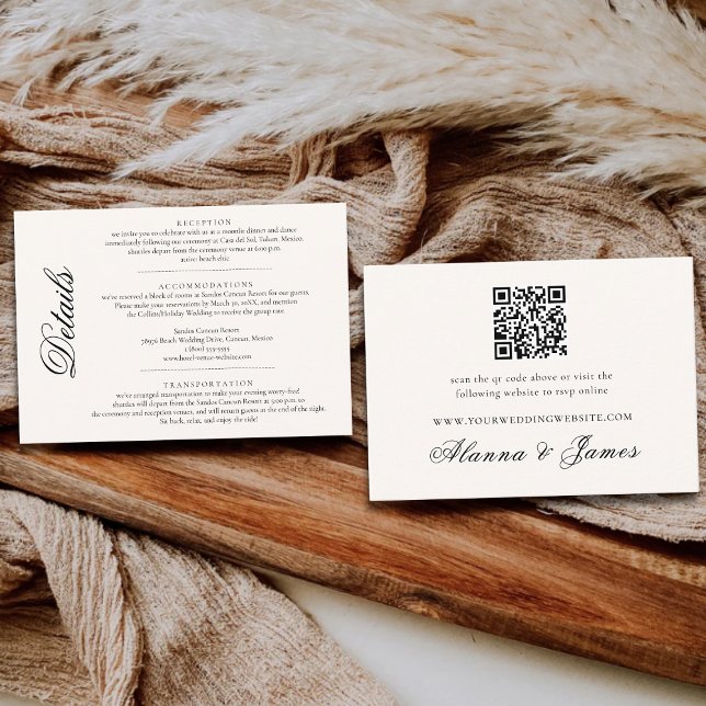 Elegant Black and White Wedding Details & QR RSVP  Enclosure Card (Creator Uploaded)