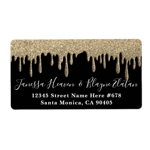 Elegant Black and White Wedding Gold Glitter Drips Label