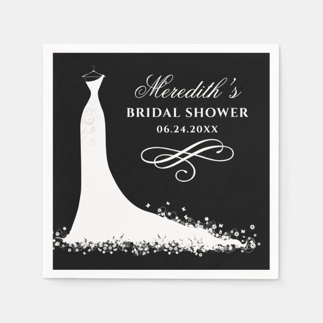 Elegant Black and White Wedding Gown Bridal Shower Paper Napkins (Front)