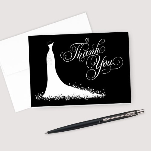 Elegant Black and White Wedding Gown Bridal Shower Thank You Card