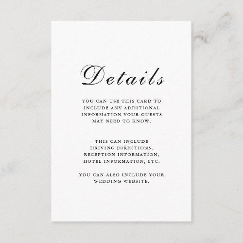 Elegant Black and White Wedding Guest Details Enclosure Card