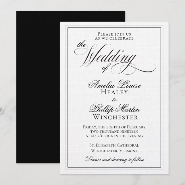 Elegant Black and White Wedding Invitation (Front/Back)