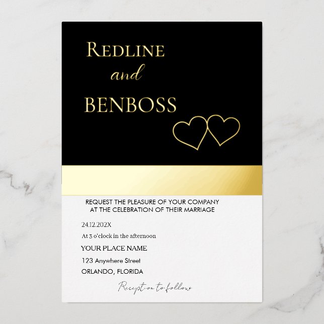 Elegant Black and white Wedding Invitation Gold Foil Invitation (Front)