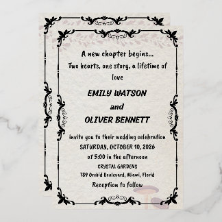 Elegant black and white wedding invitation, ornate foil invitation