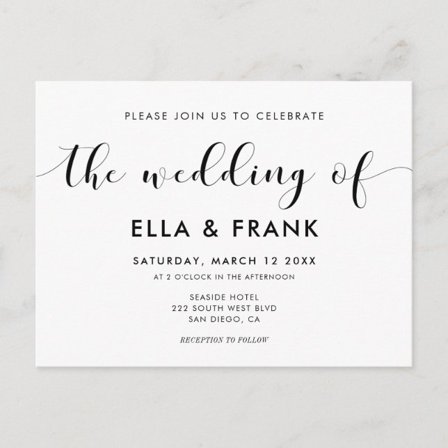 Elegant black and white wedding invitation postcard (Front)