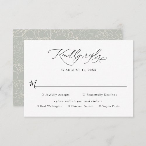 Elegant Black and White Wedding Meal Options RSVP Card - Designed to coordinate with our Romantic Script wedding collection, this customizable Meal Options RSVP card, features a sweeping calligraphy script text paired with a classy serif & modern sans font in black and with a frosted sage back. The text and background can be changed to any color to match your theme. To make advanced changes, go to "Click to customize further" option under Personalize this template.