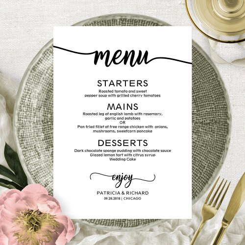 Elegant Black and White Wedding Menu Card