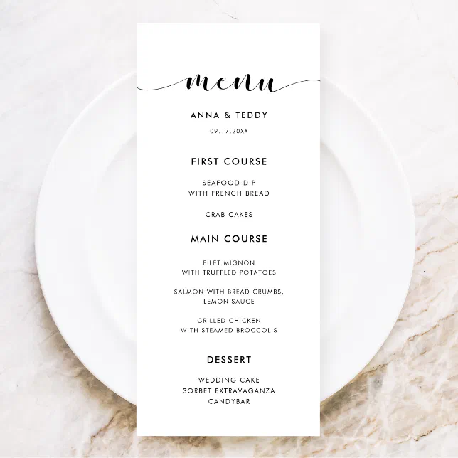 Elegant black and white wedding menu card | Zazzle