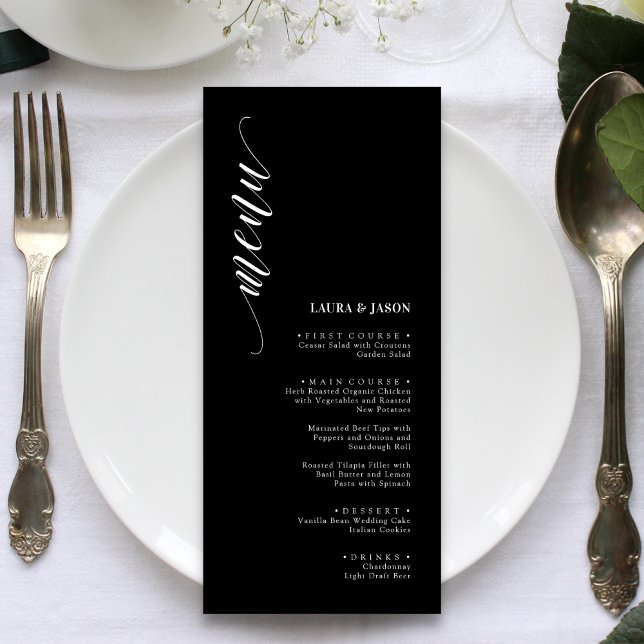 Elegant Black and White Wedding Menu Cards (Elegant black and white wedding menu cards add timeless sophistication to each place setting)